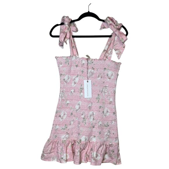 LoveShackFancy Norna Tie Shoulder Ruffle Smocked Floral Mini Dress Ballet Pink M - Picture 2 of 7